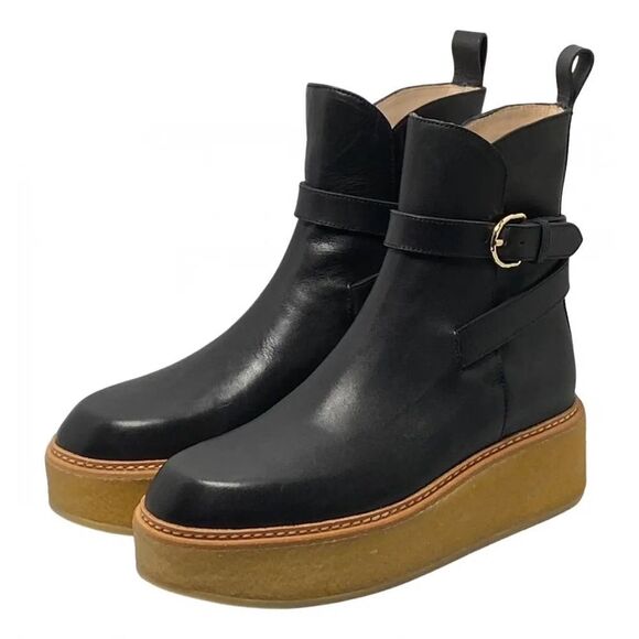 Ullah Johnson Black Platform Ankle Boots with Gold Buckle - Picture 1 of 9